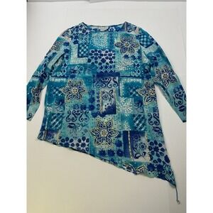 Diane Gilman Blouse Size L Womens Blue‎ Floral 100% Silk Sequin Long Sleeve